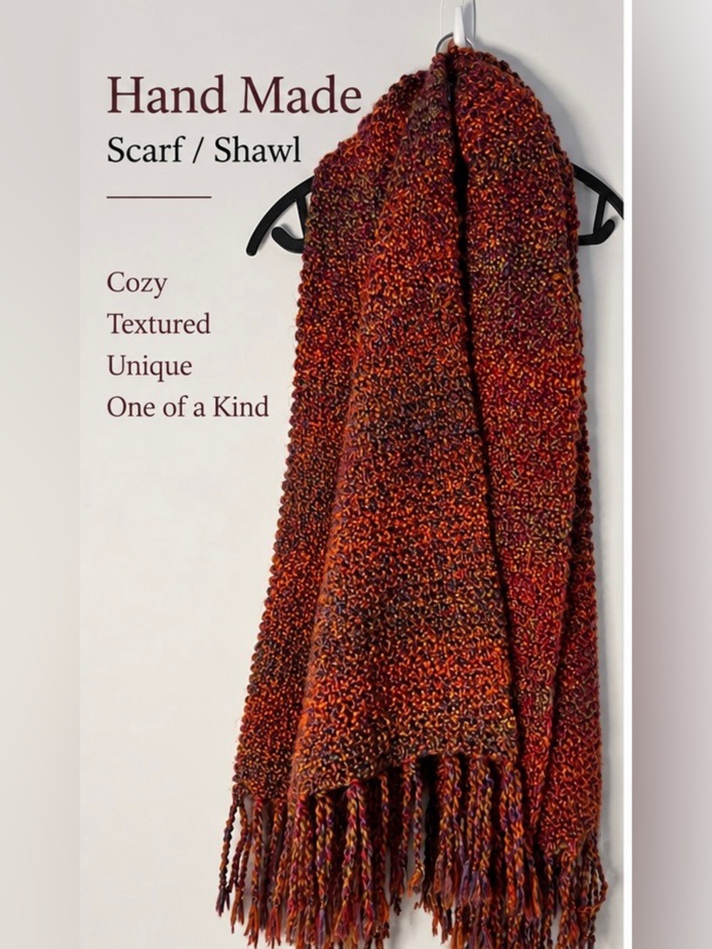 Hand Knit Multicolor Scarf Shawl Wrap Fringe Boho 58x22